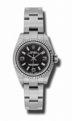 Rolex No Date Black Arabic and Pink Stick Dial 18k White Gold Fluted Bezel Stainless Steel Oyster Bracelet Watch 176324BKAPSO