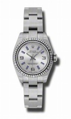 Rolex No Date Silver Arabic Blue Stick Dial 18k White Gold Fluted Bezel Stainless Steel Oyster Bracelet Watch 176324SABLSO