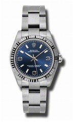 Rolex No Date Blue Arabic and Stick Dial 18k White Gold Fluted Bezel Oyster Bracelet Watch 177234BLASO