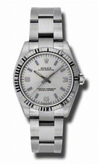 Rolex No Date Silver Arabic and Blue Stick Dial 18k White Gold Fluted Bezel Oyster Bracelet Watch 177234SABLSO