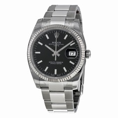 Rolex Oyster Perpetual Date Black Dial Fluted 18kt White Gold Bezel Men's Watch 115234BKSO