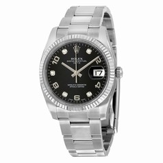 Rolex Oyster Perpetual Date Black Diamond Dial 18kt Fluted White Gold Bezel 34 MM Men's Watch 115234BKDO