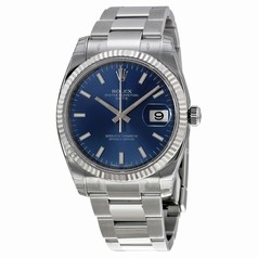 Rolex Oyster Perpetual Date Blue Dial Fluted 18kt White Gold Bezel Watch 115234BLSO