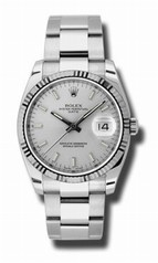 Rolex Oyster Perpetual Date Silver Dial Fluted 18k White Gold Bezel Men's Watch 115234SSO