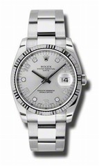 Rolex Oyster Perpetual Date Silver Dial Fluted 18kt White Gold Bezel Men's Watch 115234SADO