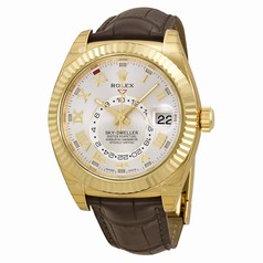Rolex Sky Dweller Silver Dial 18kt Yellow Gold Brown Leather Men's Watch 326138