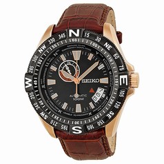Seiko Black Dial Gold Tone Stainless Steel Brown Leather Men's Watch SSA098