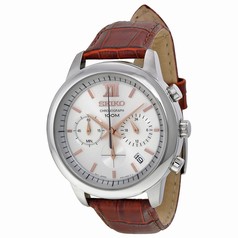 Seiko Chronograph Silver White Dial Brown Leather Men's Watch SSB143