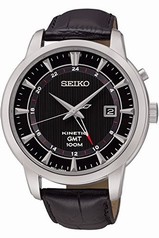 Seiko Kinetic GMT Black Dial Black Leather Men's Watch SUN033