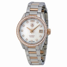 Tag Heuer Carrera Automatic White Mother of Pearl Dial Stainless Steel and 18kt Rose Gold Ladies Watch WAR2453.BD0772