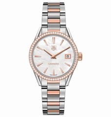 Tag Heuer Carrera Mother of Pearl Dial Diamond Bezel Steel and 18K Rose Gold Ladies Watch WAR1353.BD0779