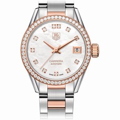 Tag Heuer Carrera Mother of Pearl Diamond Dial Steel and 18K Rose Gold Men's Watch WAR2453.BD0777