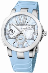 Ulysse Nardin Executive Dual Time Blue Mother of Pearl Diamond Dial Blue Rubber Ladies Watch 243-10-3-393