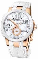 Ulysse Nardin Executive Dual Time Mother of Pearl Diamond Dial 18kt Rose Gold White Leather Ladies Watch 246-10-391