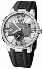 Ulysse Nardin Executive Dual Time Silver Dial Diamond Bezel Black Rubber Men's Watch 243-00B-3-421